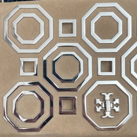 Tory Burch Kira Octagon Suede Purse, Clutch with Strap - Nude/Neutral - Picture 3 of 12